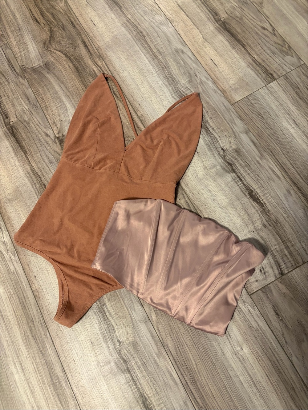 Dynamite Rust Brown Bodysuit with Blush Satin Bustier Bundle
